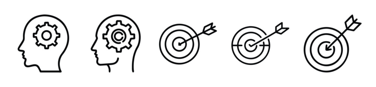 Set of head with gear and target with arrow icons vector illustration of thinking process, strategy, goal achievement and business success