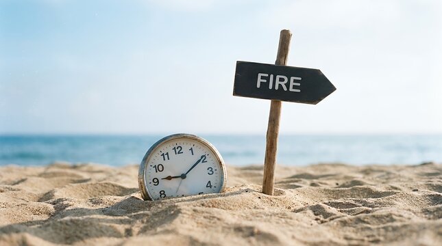 An old analog clock sitting in the sand on a beach next to a wooden signpost with a black directional arrow pointing right that displays the text fire under a clear bright blue summer sky