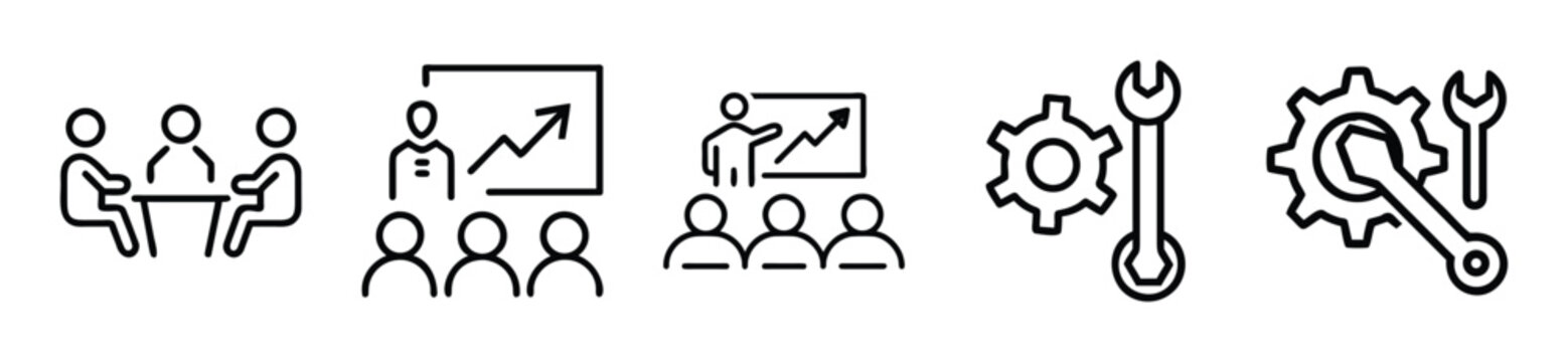 Set of business meeting, presentation, and technical support icons, including team collaboration, data analysis, and gear repair symbols