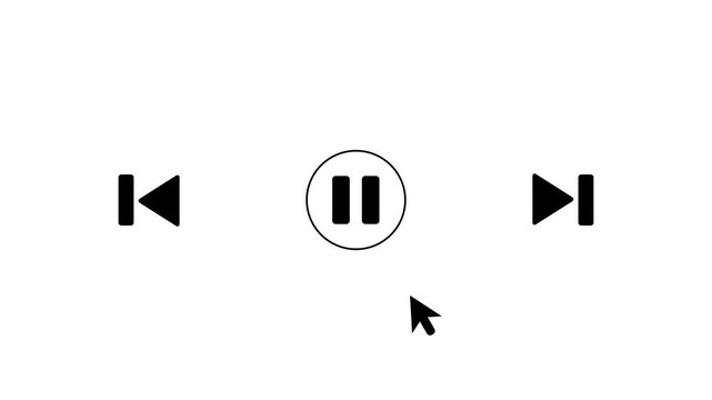 Mouse cursor clicking play button to pause in circle icon animation, minimalist black media player user interface controller on white background 4k video animation.