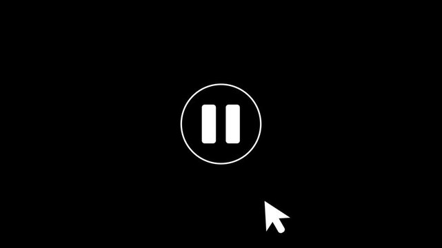 Mouse cursor clicking play button to pause in circle icon animation, minimalist white media player user interface controller on black background 4k video animation.