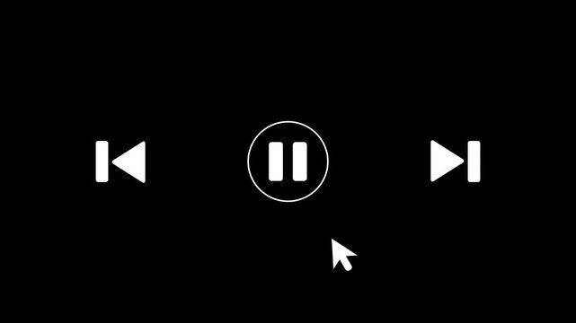 Mouse cursor clicking play button to pause in circle icon animation, minimalist white media player user interface controller on black background 4k video animation.