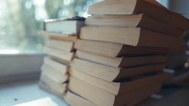 Stacks of Old Books on Windowsill with Soft Natural Light | Pedestal Down Shot of Worn Hardcover Books | Education Knowledge Reading Concept
