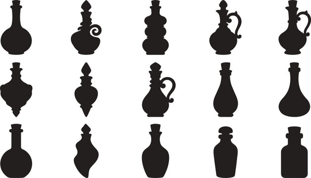 Black silhouettes of various antique bottles and flasks