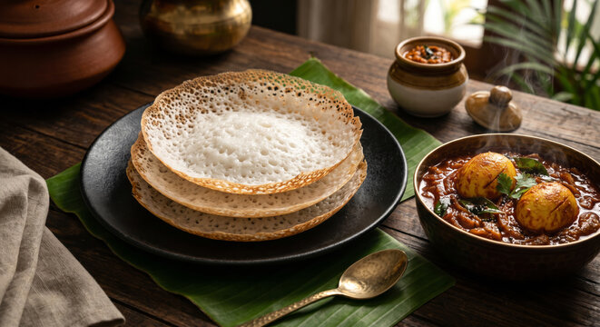 Kerala style appam with egg curry on a wooden table, AI generated