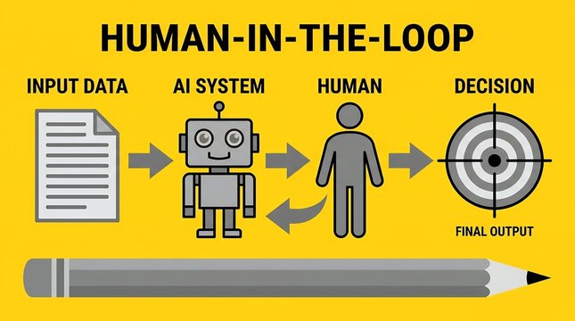 Conceptual diagram showing human in the loop process with input data fed to artificial intelligence system then reviewed by person to reach accurate decision and final output on yellow page