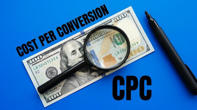 A magnifying glass rests upon a one hundred dollar bill next to the text cost per conversion and the abbreviation CPC arranged on a bright blue surface as a visual business marketing concept