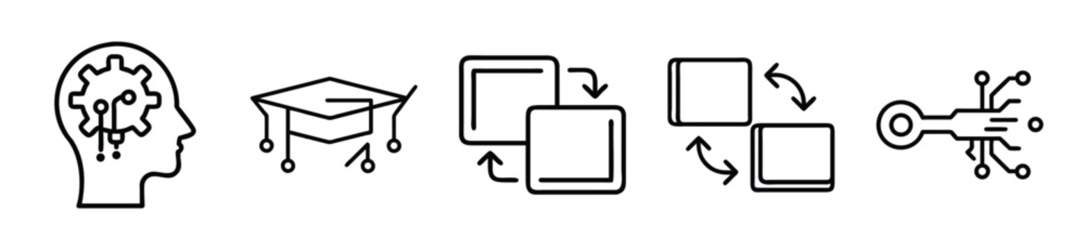 Set of digital technology icons, including artificial intelligence, smart education, data transfer, synchronization, and digital key, isolated on white background