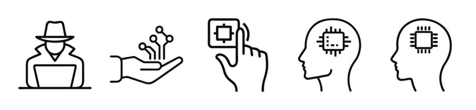 Set of technology and artificial intelligence icons including hacker, digital network, touch interface, and brain chip concepts