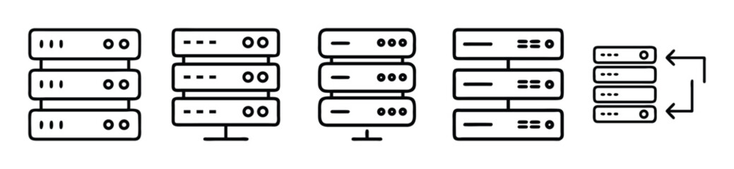 Obraz premium Set of server rack icons, data center storage equipment, computer network hardware, vector illustration isolated on white background