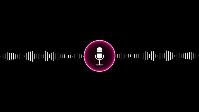 Glowing neon microphone icon with moving audio waveform spectrum on black background, digital sound frequency equalizer bars for podcast and music recording 4k loop.