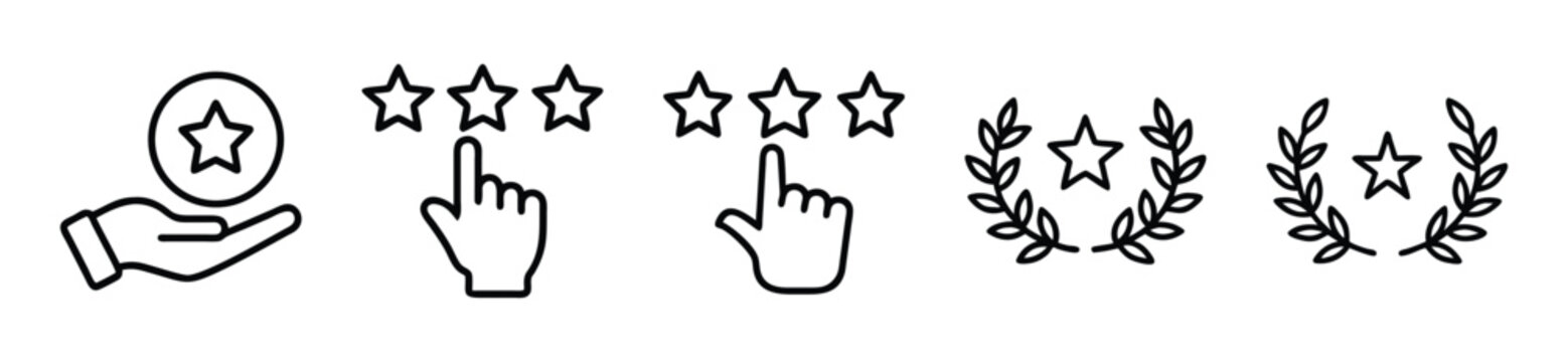 Set of star rating and review icons, hand holding star, clicking star, star with laurel wreath, vector illustration