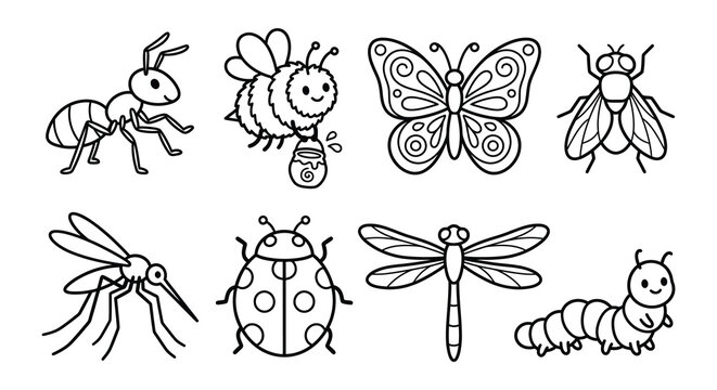 ant, bee, butterfly, dragonfly, fly, insect, ladybug, caterpillar, vector illustration, line art, black and white, monochrome, drawing, sketch, outline, bug, arthropod, creature, wildlife, nature, ani