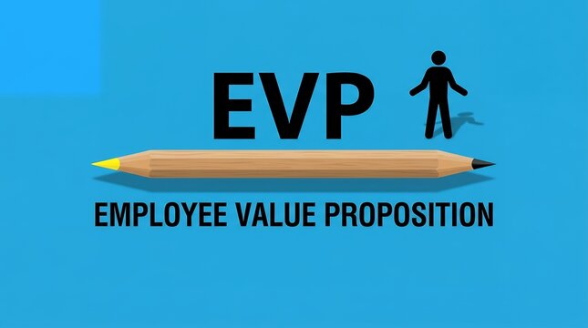 The text EVP Employee Value Proposition appears in black bold font above a large wooden pencil icon with a small black human stick figure icon standing upright on top of the writing