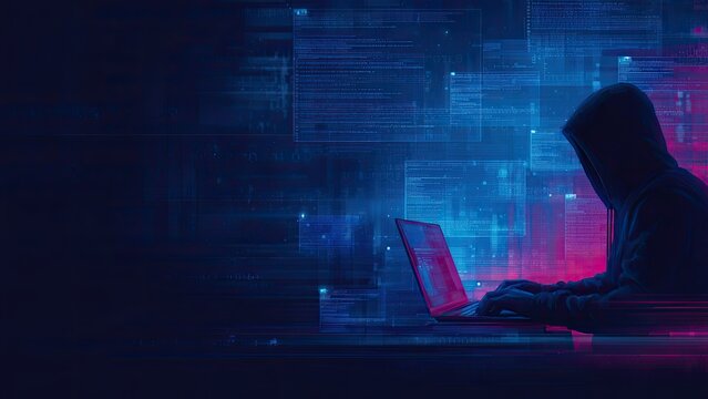 サイバー攻撃を行うハッカー ネオンカラーの犯罪イメージ