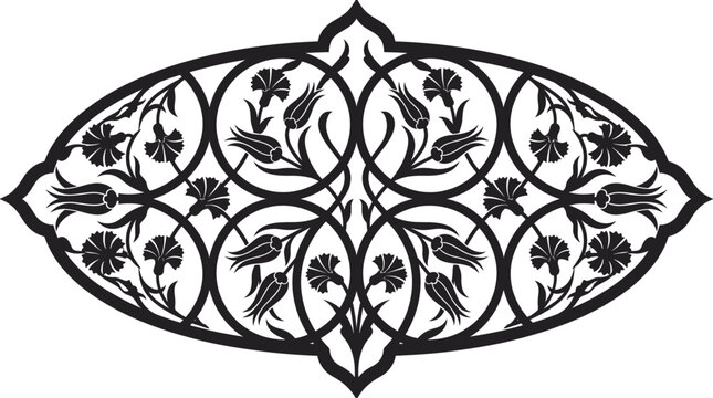 Elliptical floral medallion with turkish tulip and carnation flower compositions in vector.