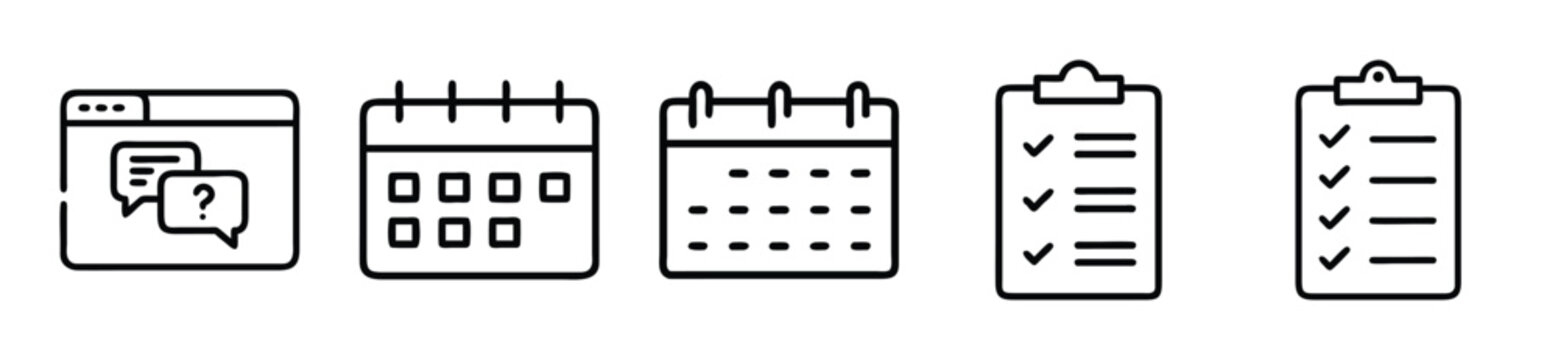 Set of thin line icons for business and project management, including browser chat, calendar, and checklist symbols