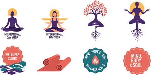 Obraz premium International Day of Yoga Vector Icon Set with Meditating Silhouettes Tree of Life and Wellness Clinic Badges