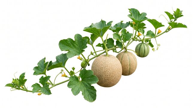 Cantaloupe melon vine with ripe fruit and green leaves, organic muskmelon plant on branch, fresh garden cantaloupe harvest isolated PNG with Transparent Background
