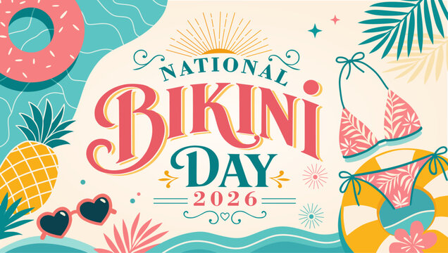 Elegant National Bikini Day 2026 Banner Template with Tropical Summer Elements, Stylish Swimwear Illustration and Retro Typography Design for Beach Party, Social Media and Seasonal Promotion