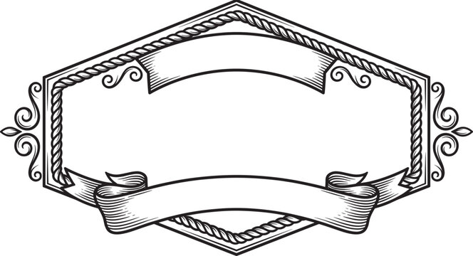 Hexagonal vintage frame vector illustration, rope border with ribbon banner.