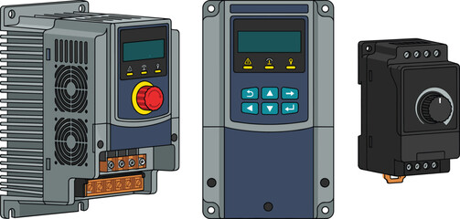 Variable Frequency Drive VFD Vector Set with Industrial AC Motor Speed Controller Inverter Units Electronic Control Panels and Potentiometer Components © mstLilima