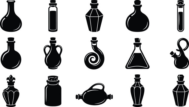 Black silhouettes of various glass bottles and flasks, set glassware