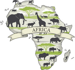 Detailed vector map of Africa silhouette featuring wildlife animals like elephant giraffe and rhino with savanna trees and a ribbon banner isolated on a white background. © MdGohurul