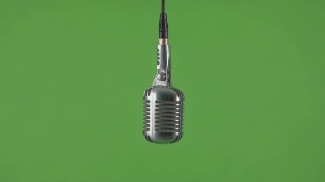 Vintage Silver Chrome Microphone Hanging on Green Screen Background