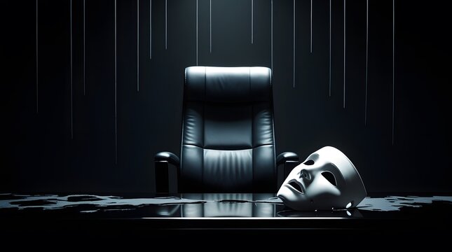 Moody Psychological Wallpaper Featuring Luxury Office Chair and Cracked Mask in Dark Boardroom
