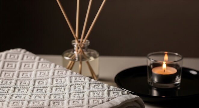 Aromatherapy diffuser and lit candle on a textured surface.