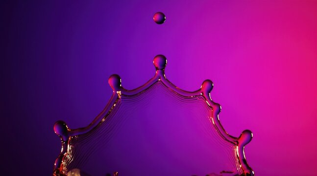 Liquid splash forms crown shape. Oil drop frozen mid-air. Pink purple gradient background. Dynamic motion freeze abstract liquid form. Shiny texture. Energy and purity.