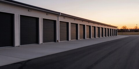 Naklejka premium Row of outdoor self storage units with dark roll up doors. A paved lot fronts the metal buildings under a soft sky. Facility offers secure rental spaces for belongings.