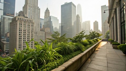 Fototapeta premium Urban rooftop garden with lush greenery overlooking a city skyline of modern and historic skyscrapers under a bright sky.