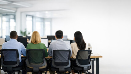 Fototapeta premium Four office workers sitting at desks in a row, seen from behind, working on computers in a bright, open-plan workspace with white walls