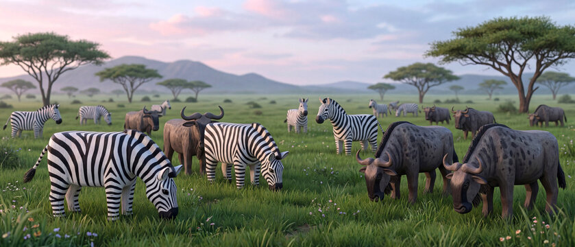 herd of zebras and buffalo grazing together in the savanna