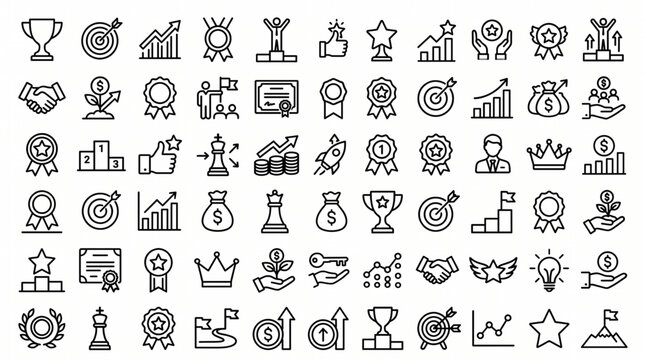 A collection of various achievement and business icons are shown in a grid.