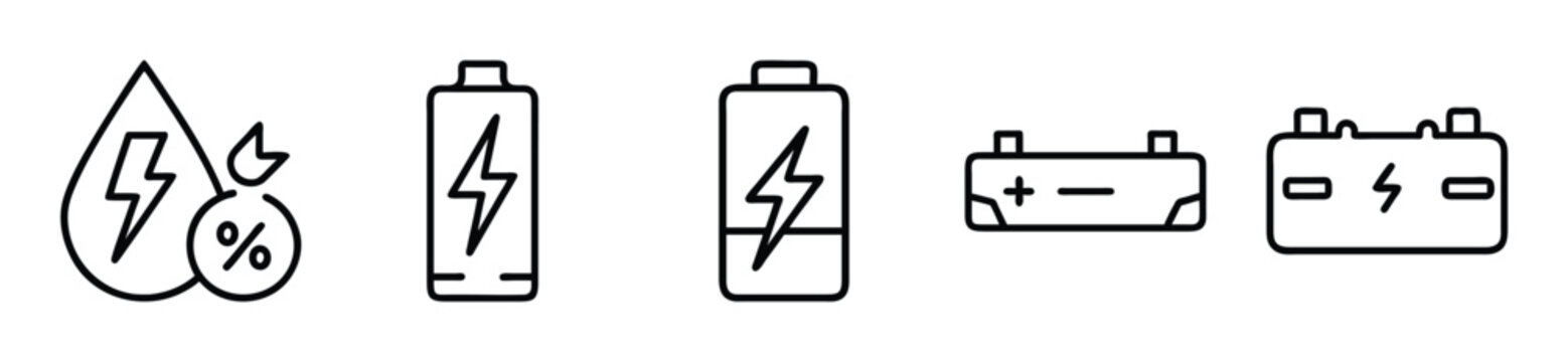 Set of battery and energy icons, including charging, low battery, and car battery symbols, isolated on white background