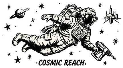 Astronaut floating in outer space. Hand drawn ink sketch with planets and stars. Cosmic reach science fiction discovery concept art. © DandiPdn