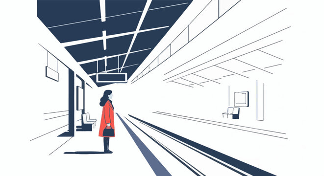 Woman in red coat waits on modern station platform for transportation