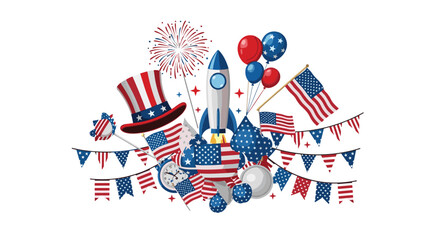 Fototapeta premium Patriotic celebration elements for USA Independence Day featuring American flags, rockets, and an Uncle Sam hat.