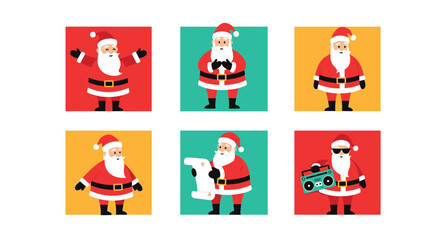 Fototapeta premium Six cute Santa Claus characters in different funny poses set against colorful squares for unique Christmas cards.