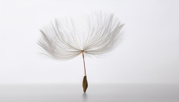 a single dandelion seed with its delicate feathery pappus floating against a clean white background