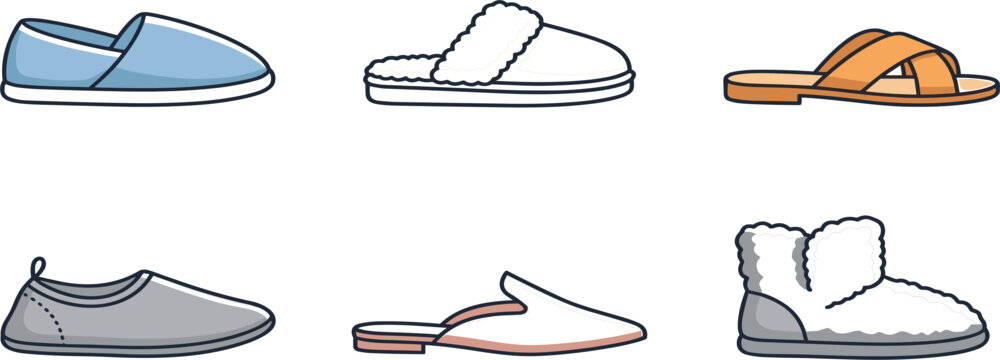 Stylish Home Slippers and Casual Indoor Footwear Collection Featuring Cozy Sandals, Mule Shoes, Soft Flats, and Warm Winter Boot Designs Illustration