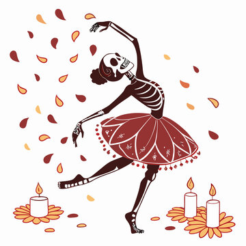 Skeletal flamenco dancer illustration with falling petals and lit candles vibrant red and beige tones bone