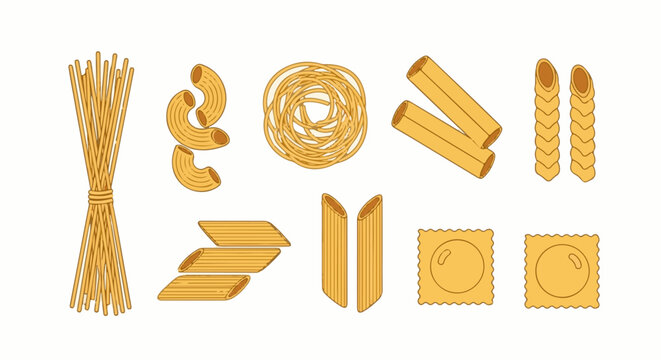 Various uncooked pasta shapes including spaghetti, elbows, nests, tubes, and ravioli