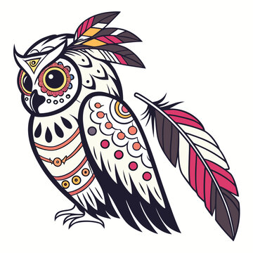Detailed sugar skull owl illustration with ornate patterns and colorful feather accents on a white background