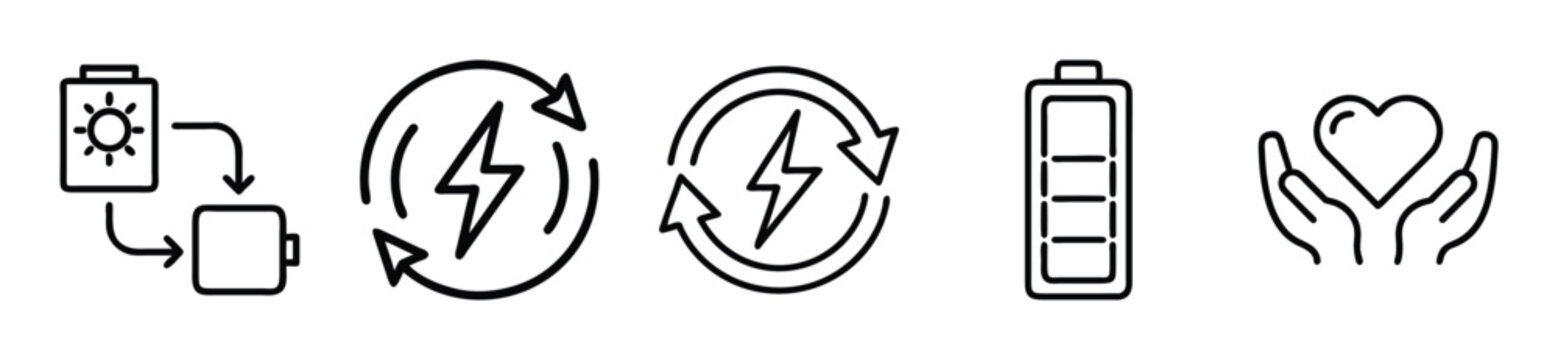 Set of energy and ecology icons, solar panel charging battery, renewable energy, lightning bolt in recycle arrows, full battery, heart in hands