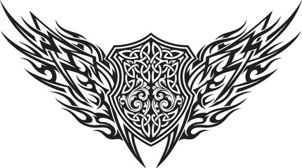 Fototapeta premium Tribal shield and wings vector illustration, abstract tattoo design element.