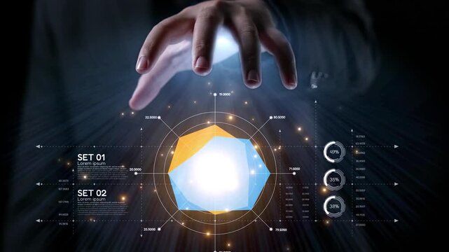 A hand reaches out to manipulate a glowing digital interface showcasing abstract shapes and data visuals, symbolizing innovation and interaction in a futuristic setting. Qubit
